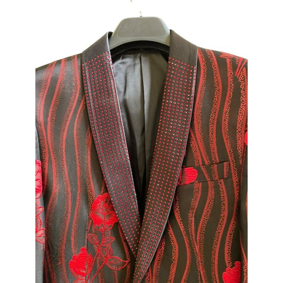 Mens Bertigo Park Black & Red Floral Embroidered Blazer & Bow Tie Set - Picture 2 of 11